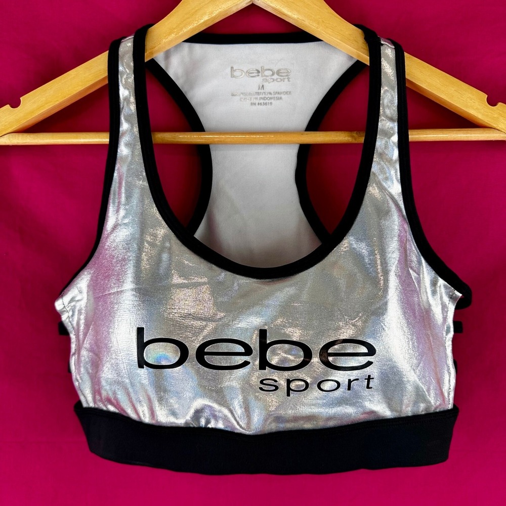Bebe Sport Metallic‎ Silver Padded Sports Bra Racerback Strappy Athleisure Top M